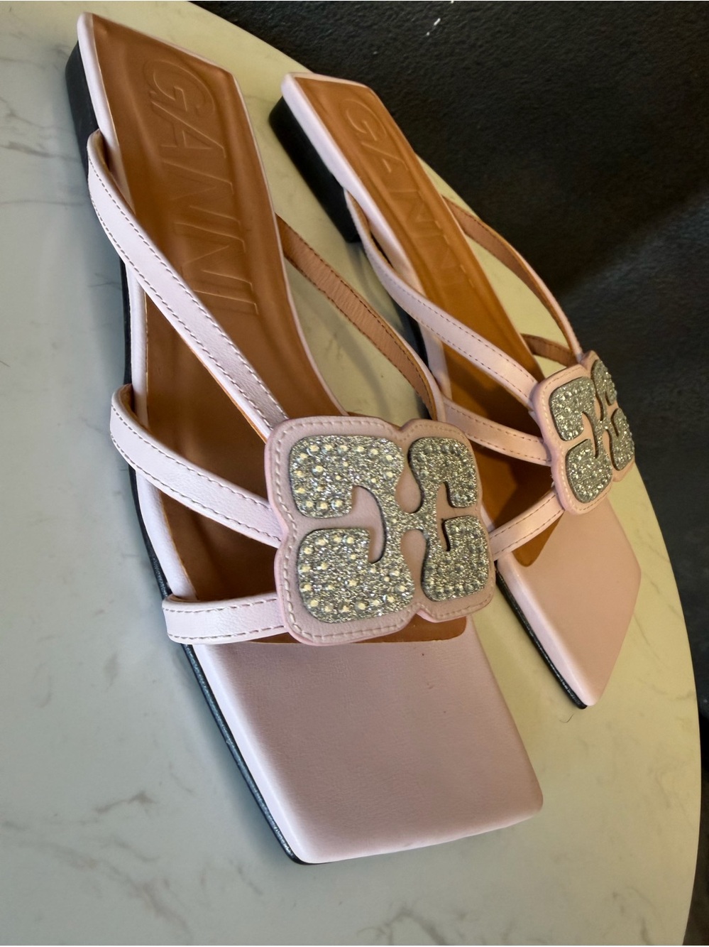 Ganni Sandals. NEW . Light pink / silver crystals . Leather . Size 38 (7.5)